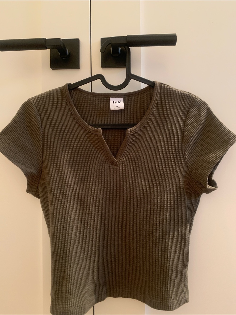 TNA Olive Waffle Knit Notch V Short Sleeve Top